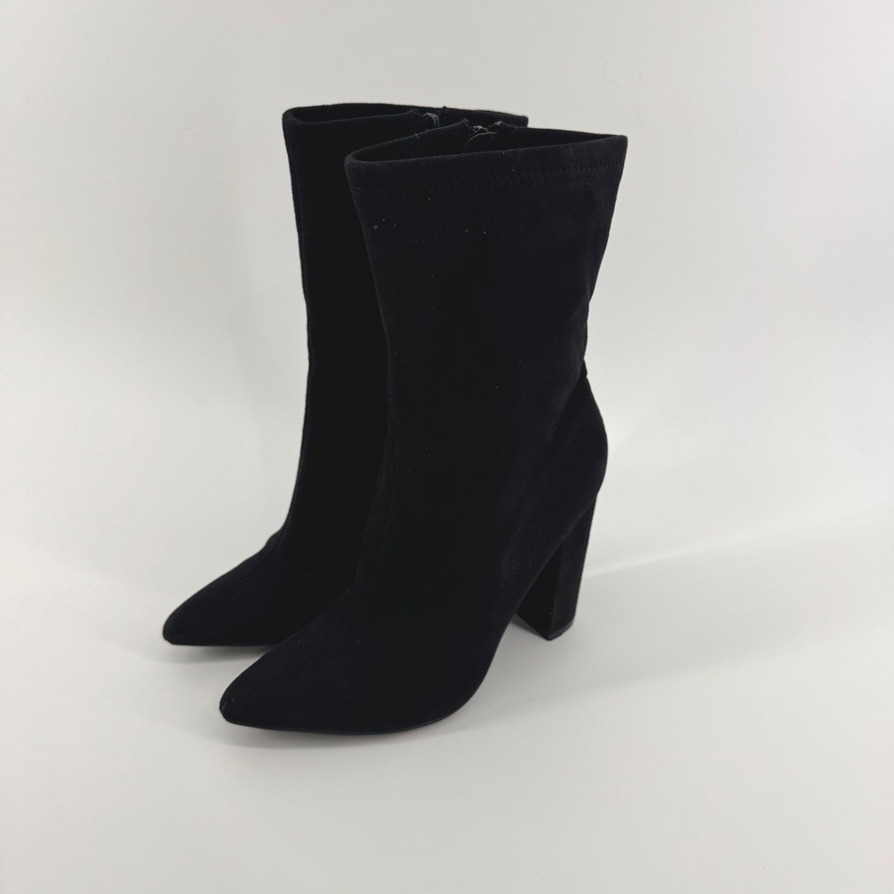 Faux Suede Boots Size 7 Pointed Toe Block Heel Sock Bootie Minimimalist
